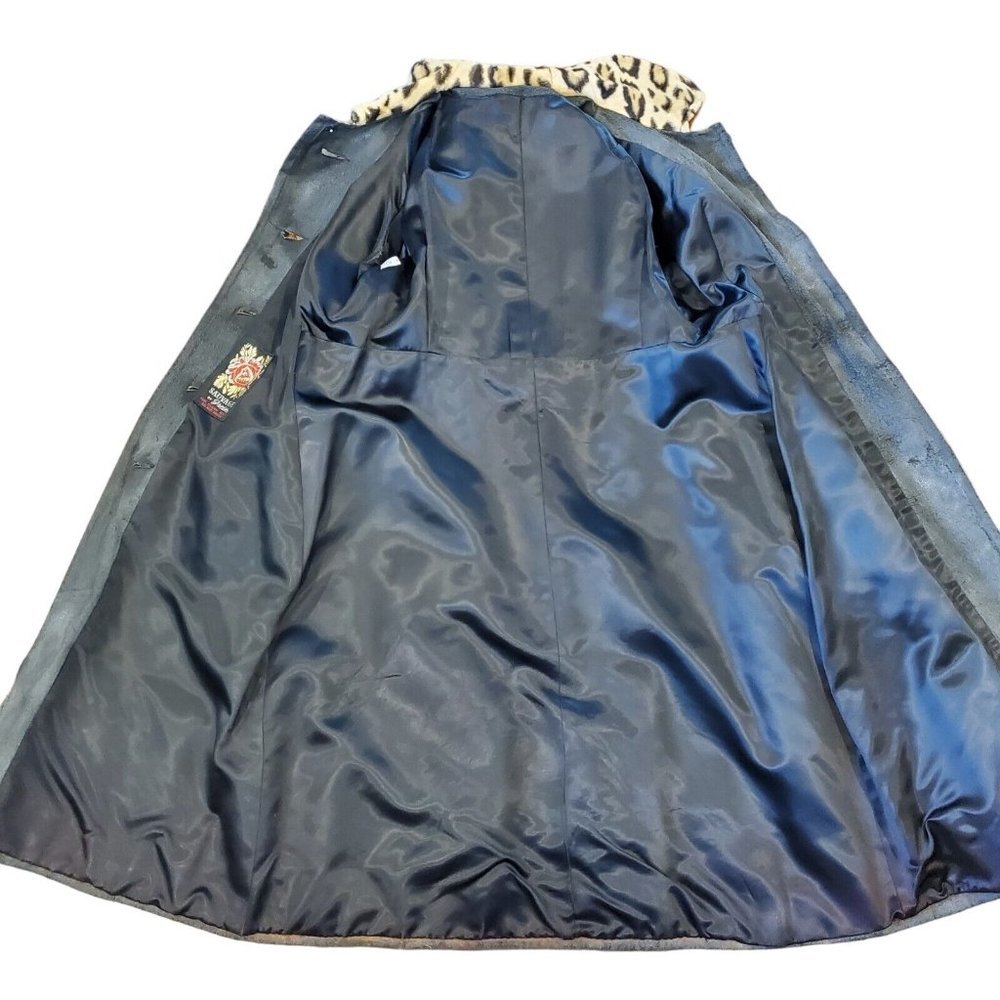 VTG 60s Small Faux Fur Leather Animal Print Leopard Statement Trench Jacket Coat - Picture 10 of 14